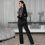Women Sexy See-Through Mesh Beaded Long-Sleeve Jumpsuit