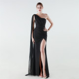 Women One-Shoulder Flowing Ribbon Slit Mermaid Evening Dress