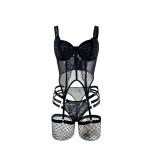 Women Sexy Rhinestone Lace Underwire Bra Padded Bodysuit Garter Stockings Lingerie Two-Piece Set