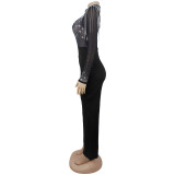 Women Sexy See-Through Mesh Beaded Long-Sleeve Jumpsuit