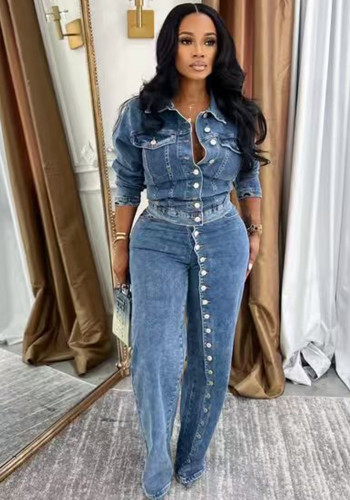 Women Sexy Stretch Denim Top and Pant Casual Two-Piece Set