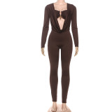 Summer Women's Fashion Sexy Draped Neck Slim Waist Bodycon Solid Color Jumpsuit