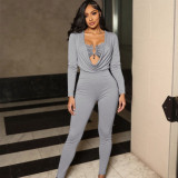 Summer Women's Fashion Sexy Draped Neck Slim Waist Bodycon Solid Color Jumpsuit