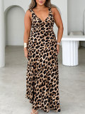 Plus Size Women Leopard Print V-Neck Summer Strap Maxi Dress