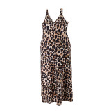 Plus Size Women Leopard Print V-Neck Summer Strap Maxi Dress