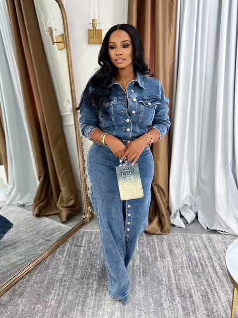 Women Sexy Stretch Denim Top and Pant Casual Two-Piece Set