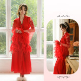Women Feather Lace Patchwork Lounge Robe