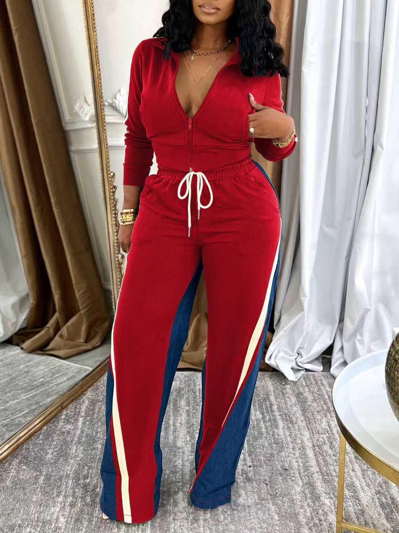 Women Elegant Zipper Long-Sleeved Top and Drawstring Pants Two-Piece Set