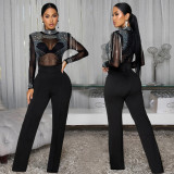 Women Sexy See-Through Mesh Beaded Long-Sleeve Jumpsuit