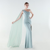 Women One-Shoulder Flowing Ribbon Slit Mermaid Evening Dress