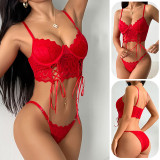 Women Sexy Red Lace Bra and Panties Lingerie Two-Piece Set