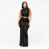 Women Sexy See-Through Mesh Beaded Top and Skirt Two-Piece Set