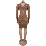 Sexy Long-Sleeved See-Through Mesh Beaded Dress