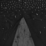 Women Sexy See-Through Mesh Beaded Top and Skirt Two-Piece Set