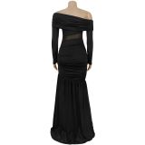 Women Sexy Strapless Long-Sleeve Slit Dress