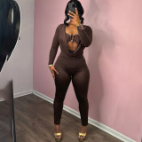 Summer Women's Fashion Sexy Draped Neck Slim Waist Bodycon Solid Color Jumpsuit