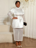 Plus Size Women puff sleeve lace belt mock neck elegant lace top and skirt two-piece set