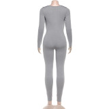 Summer Women's Fashion Sexy Draped Neck Slim Waist Bodycon Solid Color Jumpsuit