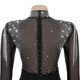 Women Sexy See-Through Mesh Beaded Long-Sleeve Jumpsuit