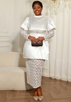 Plus Size Women puff sleeve lace belt mock neck elegant lace top and skirt two-piece set
