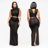 Women Sexy See-Through Mesh Beaded Top and Skirt Two-Piece Set