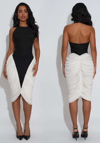 Women Halter Neck Backless Pleated Bodycon Dress