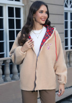 Autumn Winter Women Sherpa Plaid Patchwork Embroidered Hoodie Coat
