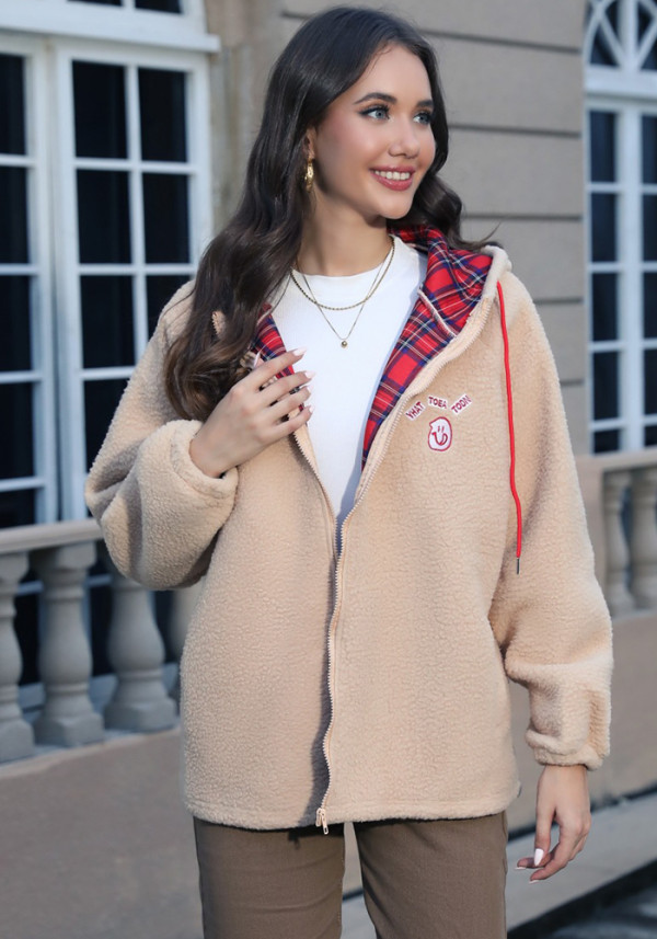 Autumn Winter Women Sherpa Plaid Patchwork Embroidered Hoodie Coat