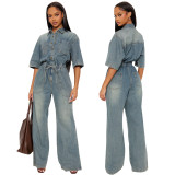 Women Elastic Waist Washed Denim Split Bell Bottom Jumpsuit