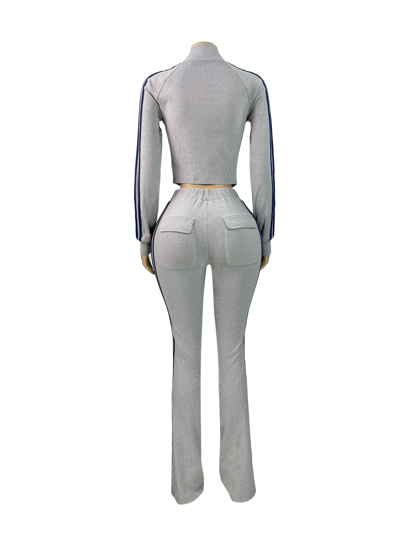 Women Zip Thermal Stripe Yop Drawstring Bell Bottom Pants Two Piece Set