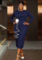 Plus Size Women Navy Long Sleeve Split Floral Trim Slim Career Dress