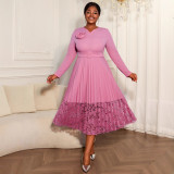 Plus Size Women Light Purple V Neck Pleated Lace Patchwork Elegant Dress