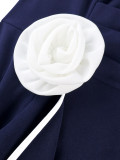 Plus Size Women Navy Long Sleeve Split Floral Trim Slim Career Dress
