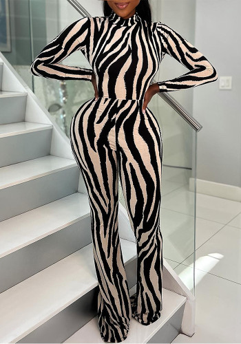 Women Sexy Low Back Zebra Print Slim Waist Jumpsuit