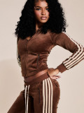 Women Zip Thermal Stripe Yop Drawstring Bell Bottom Pants Two Piece Set