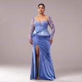 Plus Size Women Long Sleeve Split Formal Evening Gown Dress