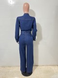 Women Slim Stretch Washed Denim Long Sleeve Bell Bottom Jumpsuit