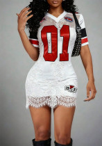 Women Sexy Lace See-Through Embroidered Letter Short-Sleeved V-Neck Dress