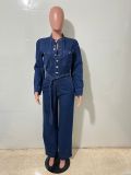 Women Slim Stretch Washed Denim Long Sleeve Bell Bottom Jumpsuit