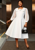 Plus Size Women Round Neck Mesh Lantern Sleeve Floral A Line White Party Dress