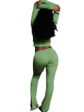 Women Hooded Zip Slim Pocket Top Bell Bottom Pants Two Piece Set