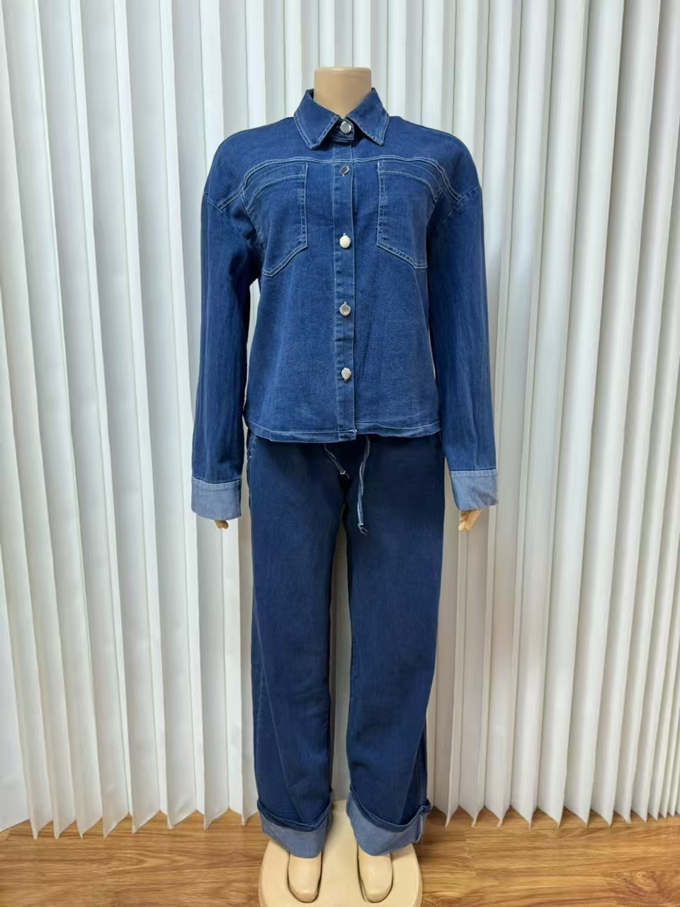 Women Turndown Collar Button Denim Shirt Pants Two Piece Set