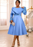 Plus Size Women Light Blue Diamond Bell Sleeve A-line Elegant Gown Dress