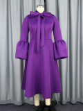 Women Bowknot Stand Collar Puff Sleeve A Line Party Dress