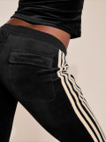 Women Zip Thermal Stripe Yop Drawstring Bell Bottom Pants Two Piece Set