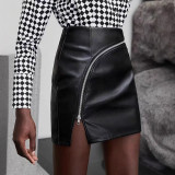 Women Slim Waist Patchwork Zip Split Solid PU Bodycon Skirt