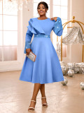 Plus Size Women Light Blue Diamond Bell Sleeve A-line Elegant Gown Dress
