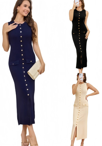 Women Chic Round Neck Short Sleeve Knitted Button Hollow Out Slim Long Dress