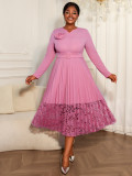 Plus Size Women Light Purple V Neck Pleated Lace Patchwork Elegant Dress