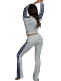 Women Zip Thermal Stripe Yop Drawstring Bell Bottom Pants Two Piece Set